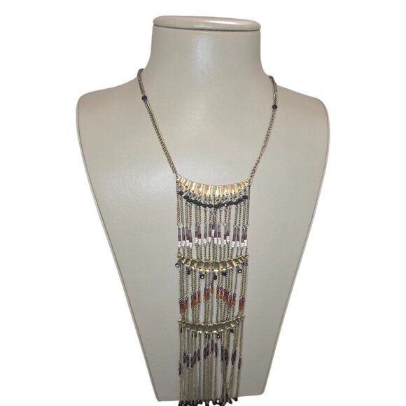 Express Women's Bohemian Brass Plated Beaded Statement Fringe Necklace NWT - Picture 1 of 5